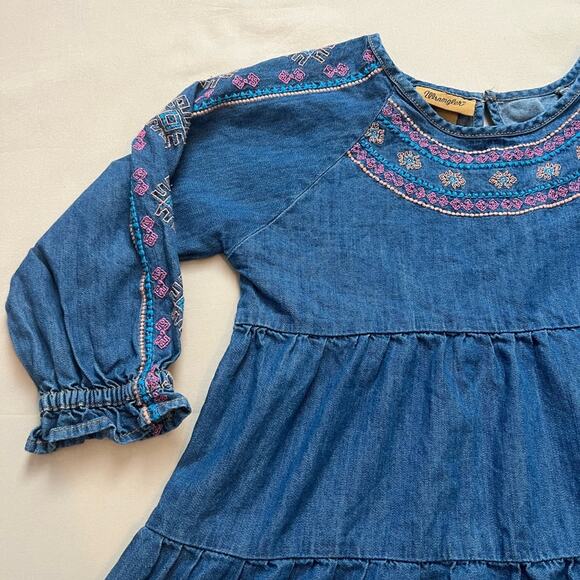 Wrangler Girls Embroidered Tiered Swing Denim Shirt Size Medium - Picture 2 of 7